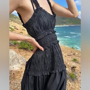 NWT Doen Marianne Cotton Poplin Smocked Tiered Midi Maxi Dress Black
